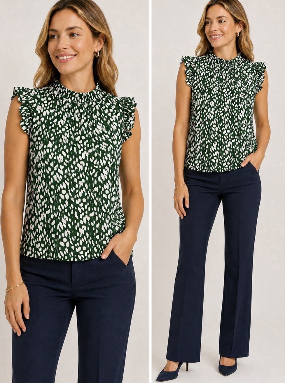Jude Connally Top Women Size XS Mylie Ruffle Mock Neck Green Navy Office EUC